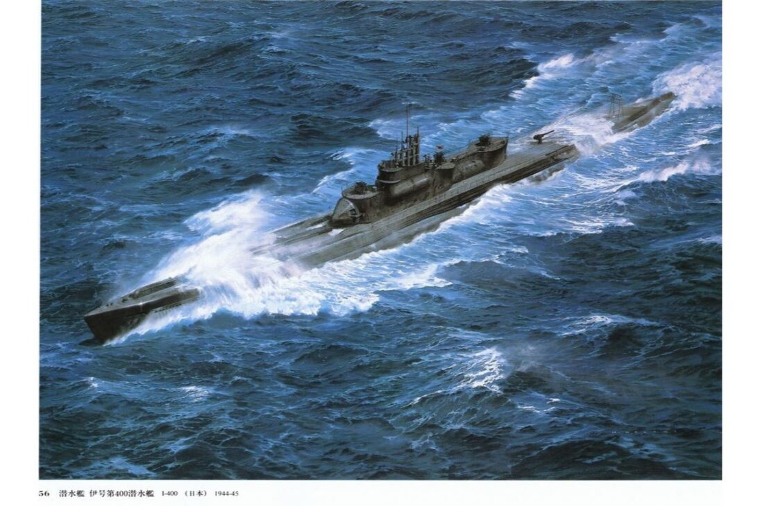 submarino japonés I-400 expone hangar, catapulta y bombardeiros en el Pacífico, del plan de atacar ciudades al hundimiento en 1946, mostrando ingeniería extrema y límites operacionales.