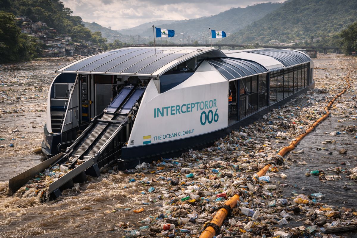 Interceptor 006 volta ao Rio Las Vacas, na Cidade da Guatemala, com a barricada Interceptor da The Ocean Cleanup para capturar lixo antes do Caribe e testar a nova engenharia sob cheias.