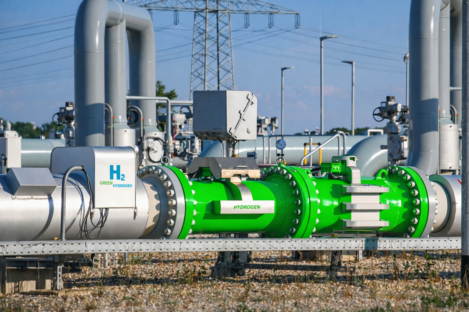 Instalação industrial de hidrogênio verde com tubulações verdes e prateadas, válvulas e equipamentos sob céu azul e iluminação natural.