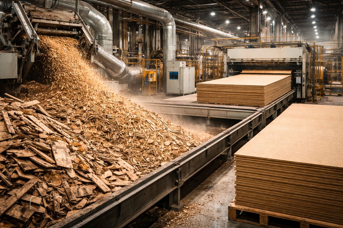 placas de MDF surgem de resíduos de madeira com triagem, ímãs, secagem até 200°C e aplicação uniforme de resina, num processo industrial que define resistência e qualidade antes da prensa, sem atalhos nem “milagre”.