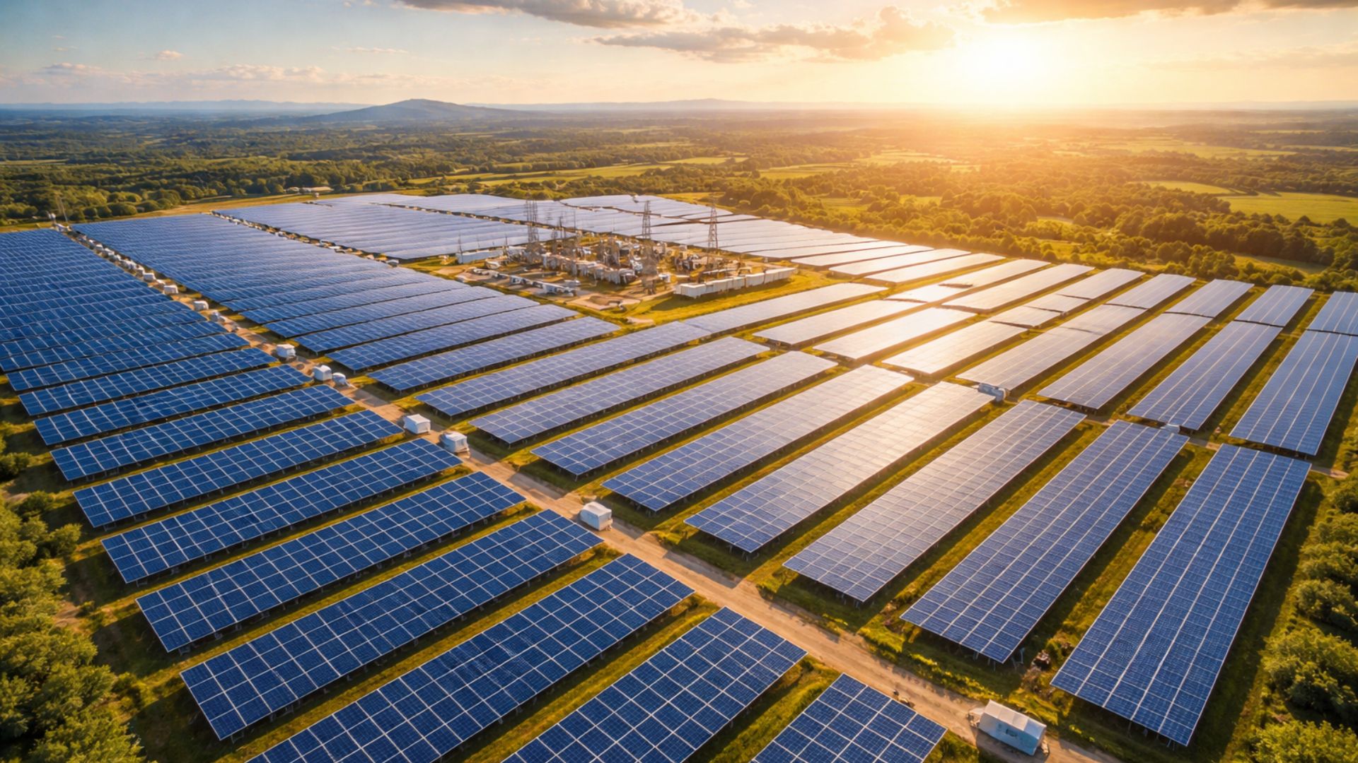 Vista aérea de uma usina de energia solar com extensos painéis fotovoltaicos organizados em fileiras, conectados a subestação elétrica em área rural.