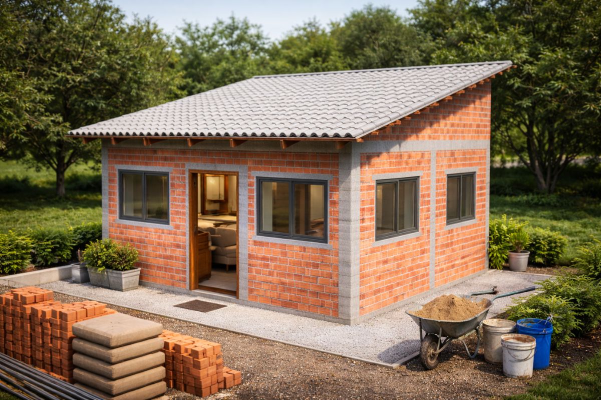 casa compacta de 36 m² com 1.500 tijolos mostra projeto de baixo custo com suíte e cozinha em solução enxuta para lote pequeno.