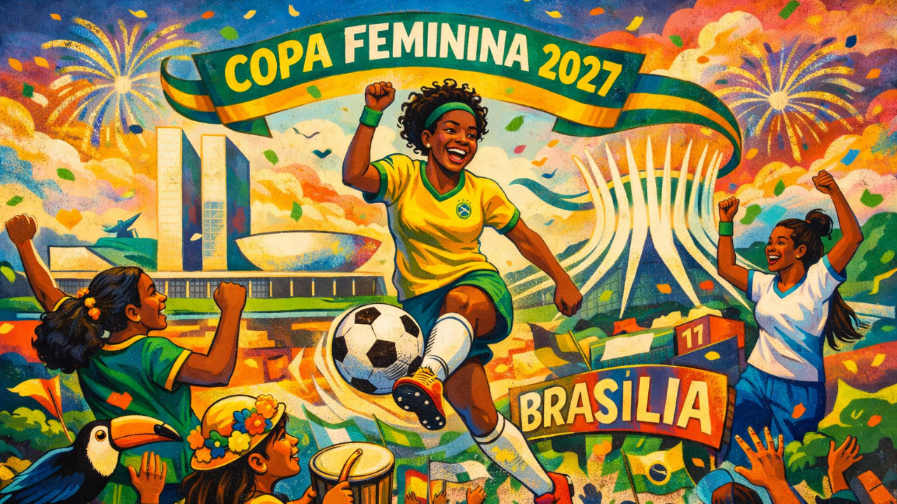 Arte urbana de Izzy Credo celebra Brasília a 500 dias da Copa Feminina 2027 e destaca a força do futebol feminino no Brasil.