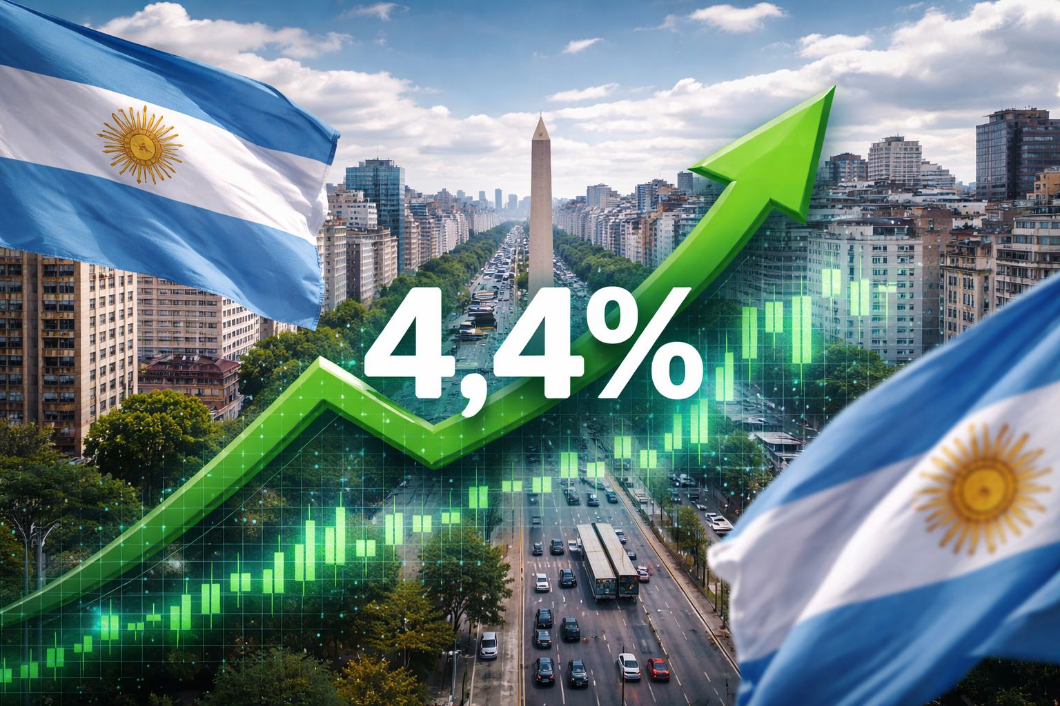 Vista urbana da Argentina com prédios, ruas movimentadas e bandeira argentina ao fundo, representando a recuperação econômica do país em 2025.