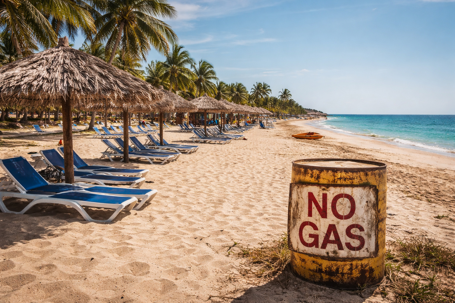 Praia deserta em Cuba com cadeiras vazias e sinal improvisado de falta de combustível, ilustrando impacto da escassez de petróleo no turismo local.