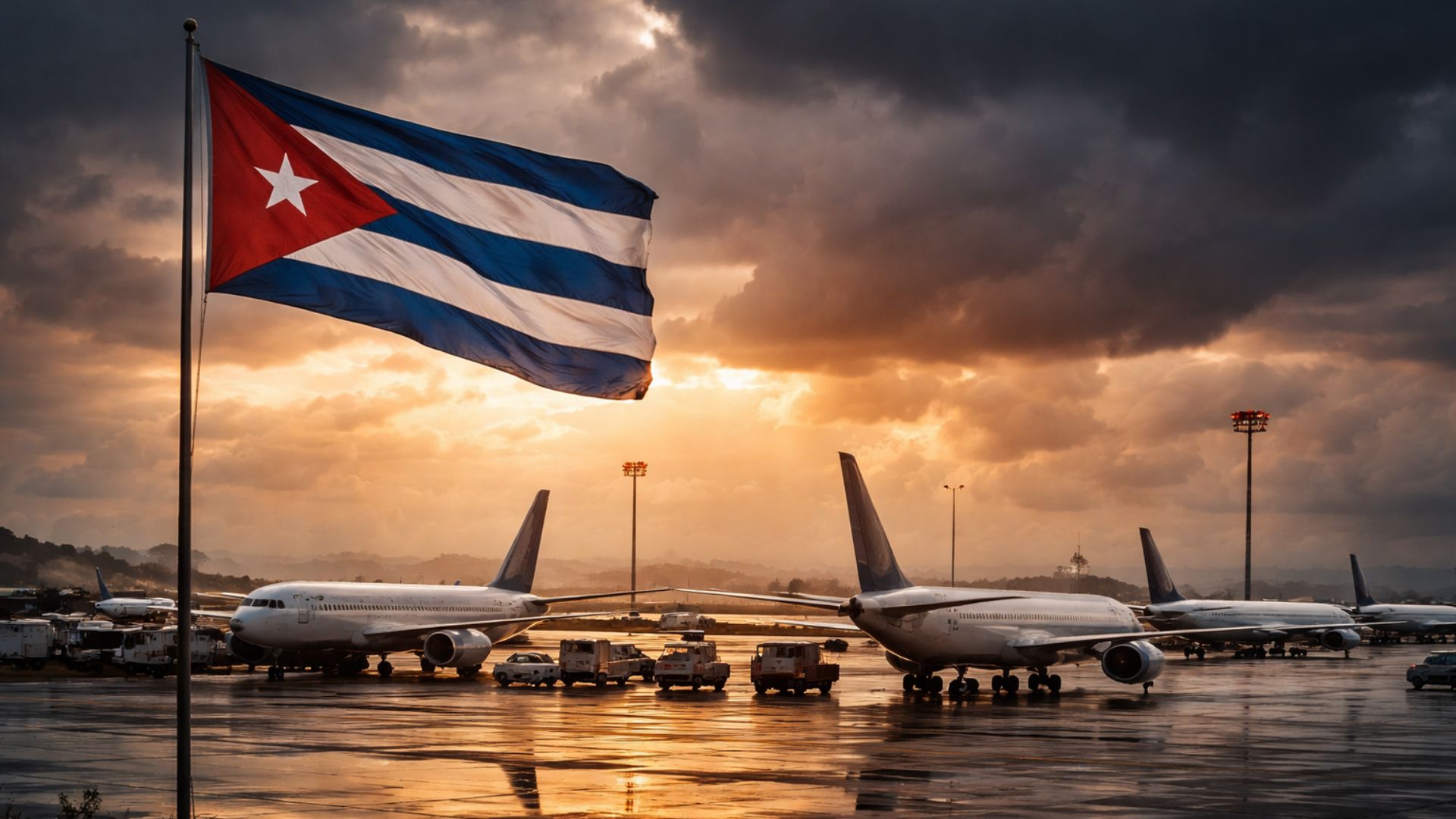 Aviões comerciais parados em pista de aeroporto com bandeira de Cuba tremulando em mastro ao pôr do sol e céu nublado dramático.