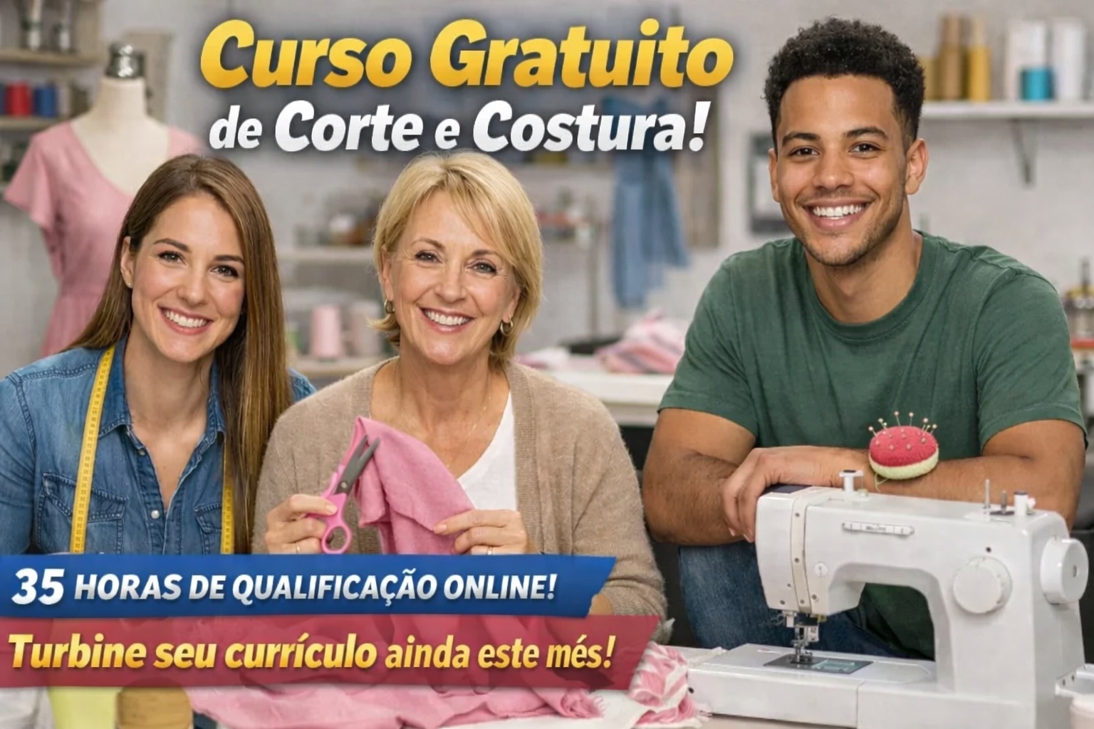 Curso de corte e costura gratuito online ensina do zero técnicas de corte, confeccionar roupas, diferenças entre tecido, agulha, linha e ponto para amantes da moda aprender costurar para uso próprio ou vender roupas