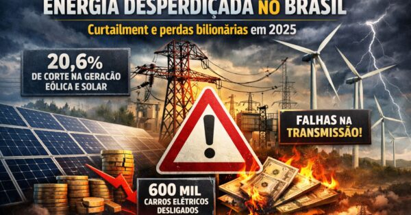 Usinas solares e turbinas eólicas ao lado de torres de transmissão sob céu dramático, com alerta de 20,6% de cortes na geração renovável e perdas bilionárias no Brasil em 2025.