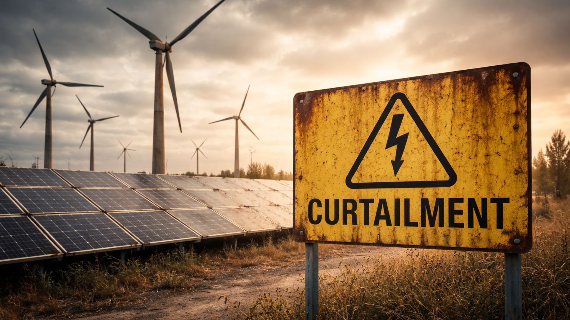 Placa amarela com a palavra “Curtailment” em frente a usina com painéis solares e turbinas eólicas sob céu nublado e cenário levemente enferrujado.