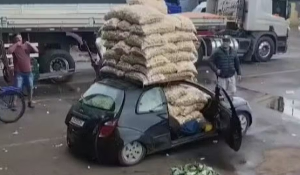 Vídeo gravado na Ceasa de Curitiba mostra um Ford Ka transportando dezenas de sacos de batata e gera debate sobre segurança e fiscalização. (Imagem: Reprodução)