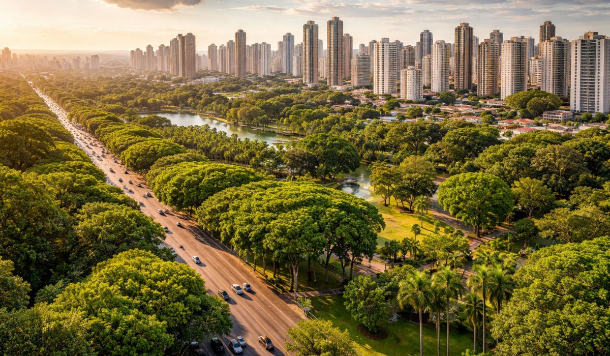 Goiânia reduziu o calor extremo ao plantar mais de 1 milhão de árvores e ganhou reconhecimento internacional por sua arborização urbana. (Imagem: Ideogram)