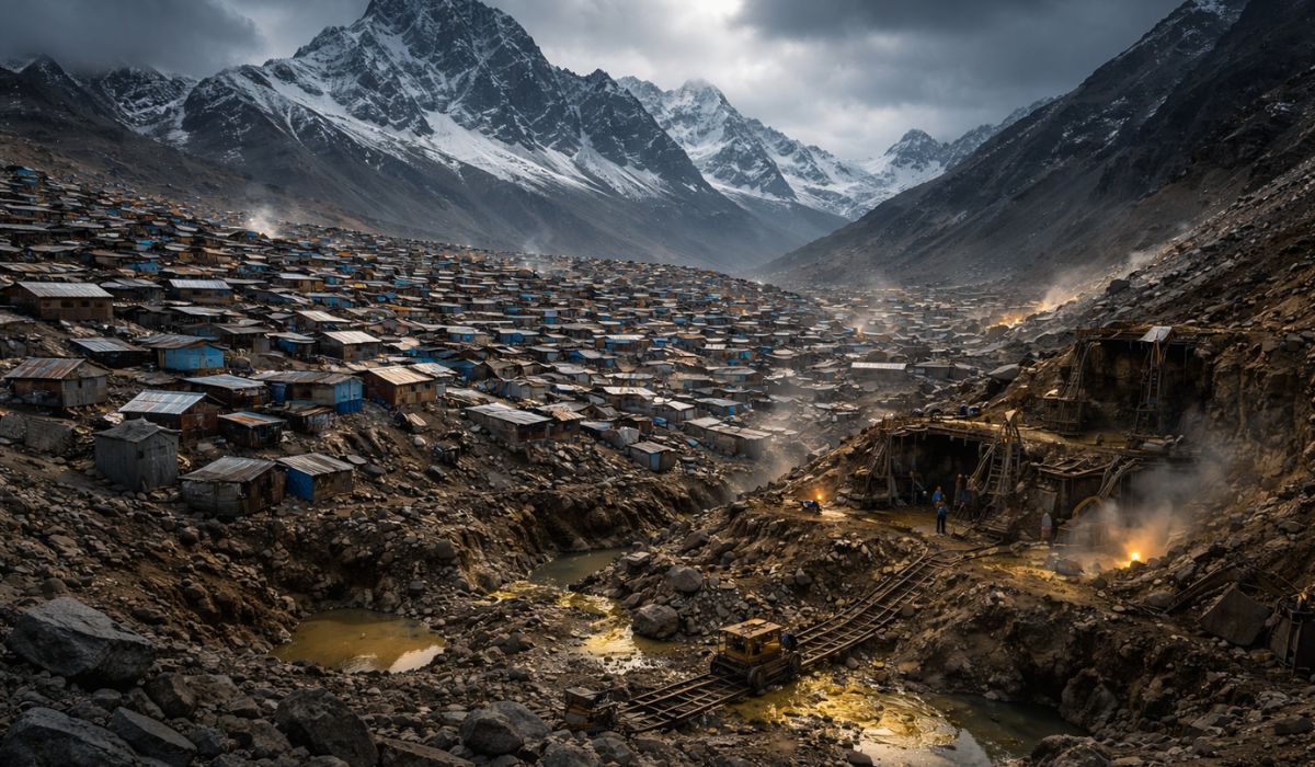 La Rinconada, no Peru, concentra ouro, mineração informal e riscos extremos à saúde e à segurança em uma das cidades mais altas do mundo. (Imagem: Ideogram)