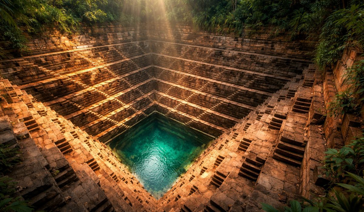 Técnica milenar dos poços em degraus inspira piscina subterrânea feita à mão e destaca engenharia antiga e gestão hídrica eficiente. (Imagem: Ilustrativa/Ideogram)