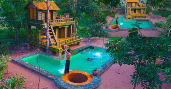 Casa de bambu com piscina é erguida em 30 dias na selva usando apenas facões, cipós e técnicas ancestrais de construção. (Imagem: Reprodução/Primitive Building)