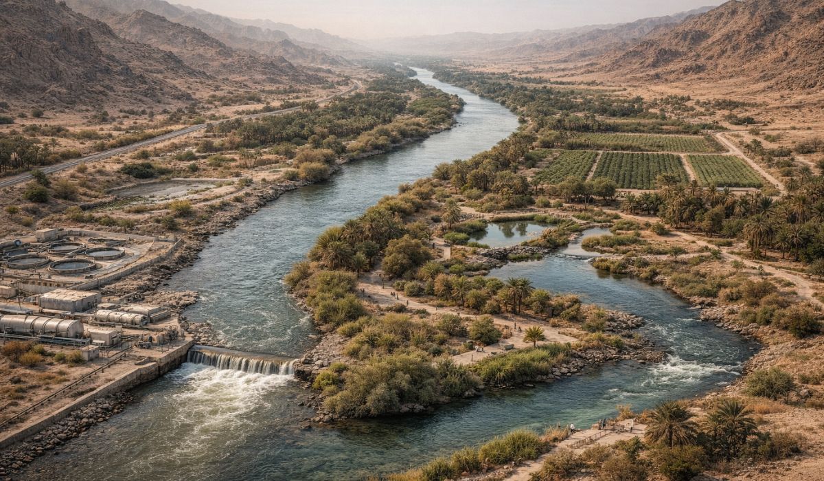 Rio artificial de 100 km na Arábia Saudita usa esgoto tratado para manter fluxo em Riad e estimular novos ecossistemas no deserto saudita. (Imagem: Ilustrativa/Ideogram)