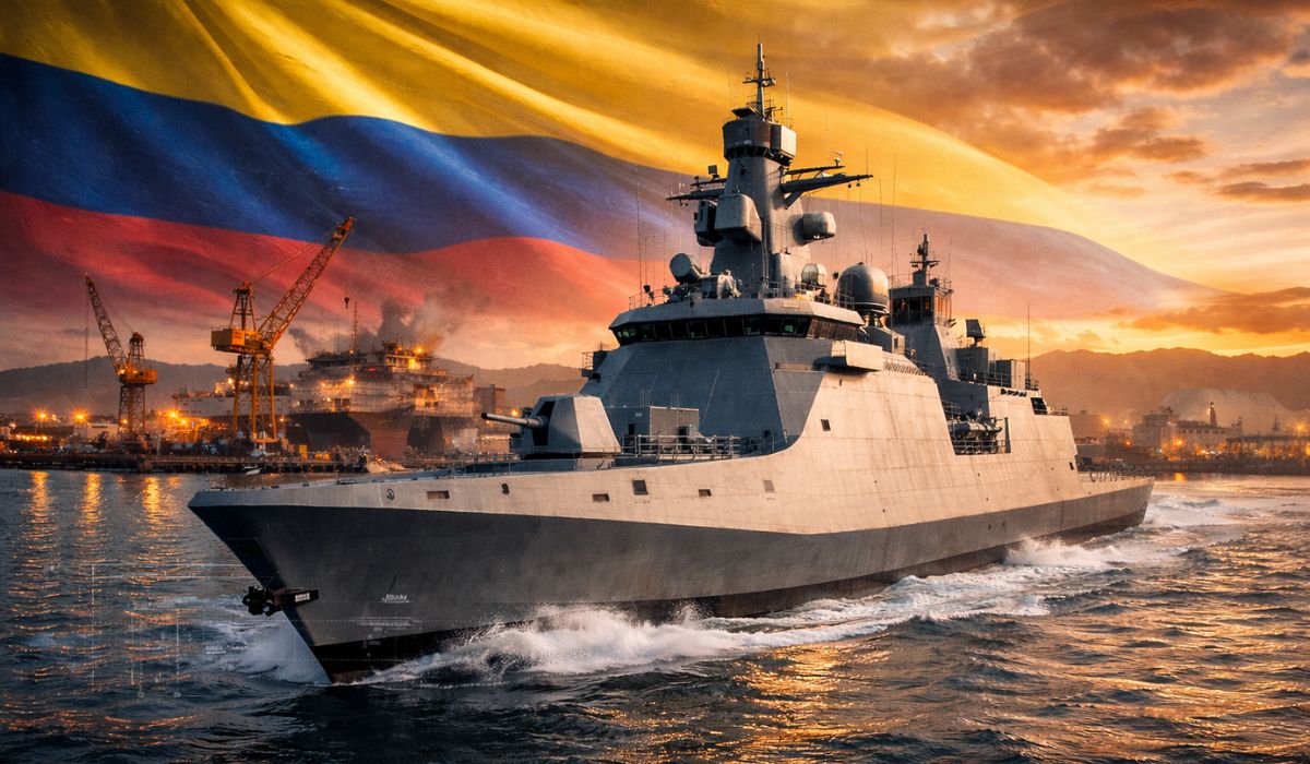 Colômbia começa a construir fragata de 107,5 m em Cartagena com apoio da Damen. Programa PES busca renovar a frota e a indústria naval.