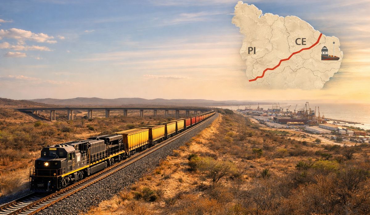 Transnordestina avança 80% e prevê entrega até 2027. Ferrovia de 1.206 km liga Eliseu Martins ao Porto do Pecém e cruza 53 municípios. (Imagem: Ideogram)