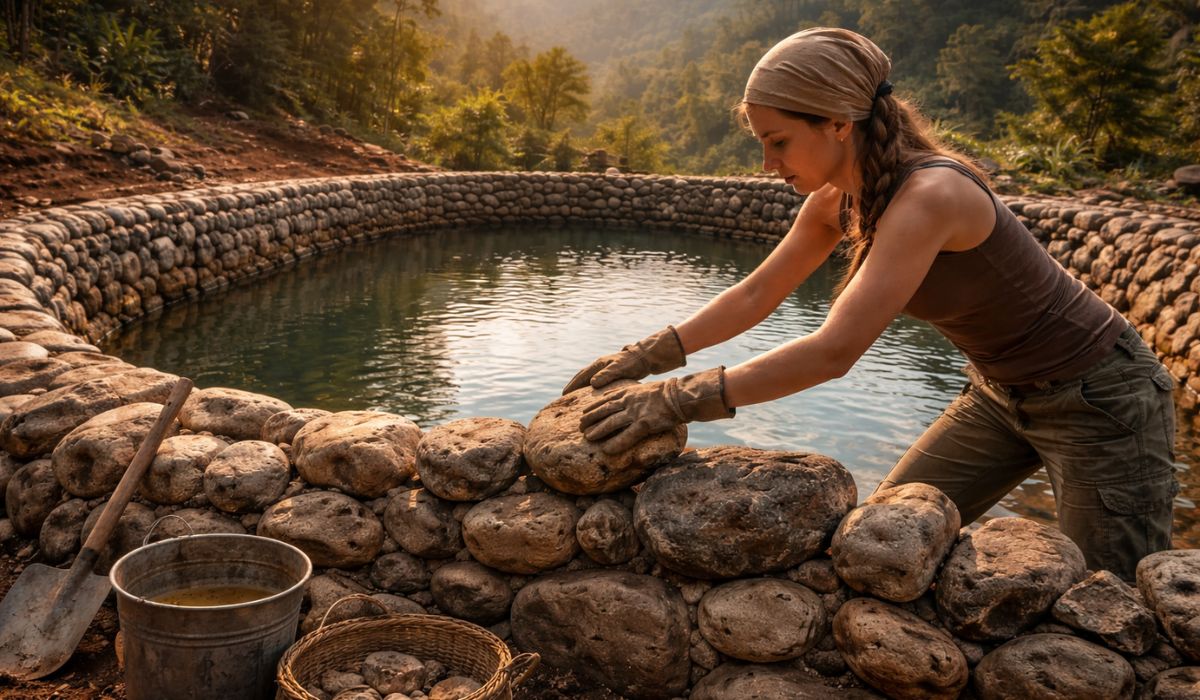 Jovem reúne 10 mil pedras para construir lagoa de peixes e erguer fazenda autossuficiente em área remota de montanha.