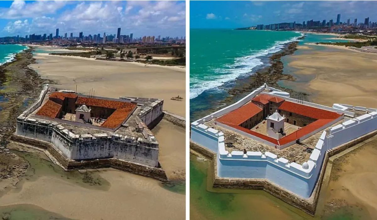Fotos muestran el antes y después del Forte dos Reis Magos, tras una reforma que duró casi tres años. — Foto: Canindé Soares
