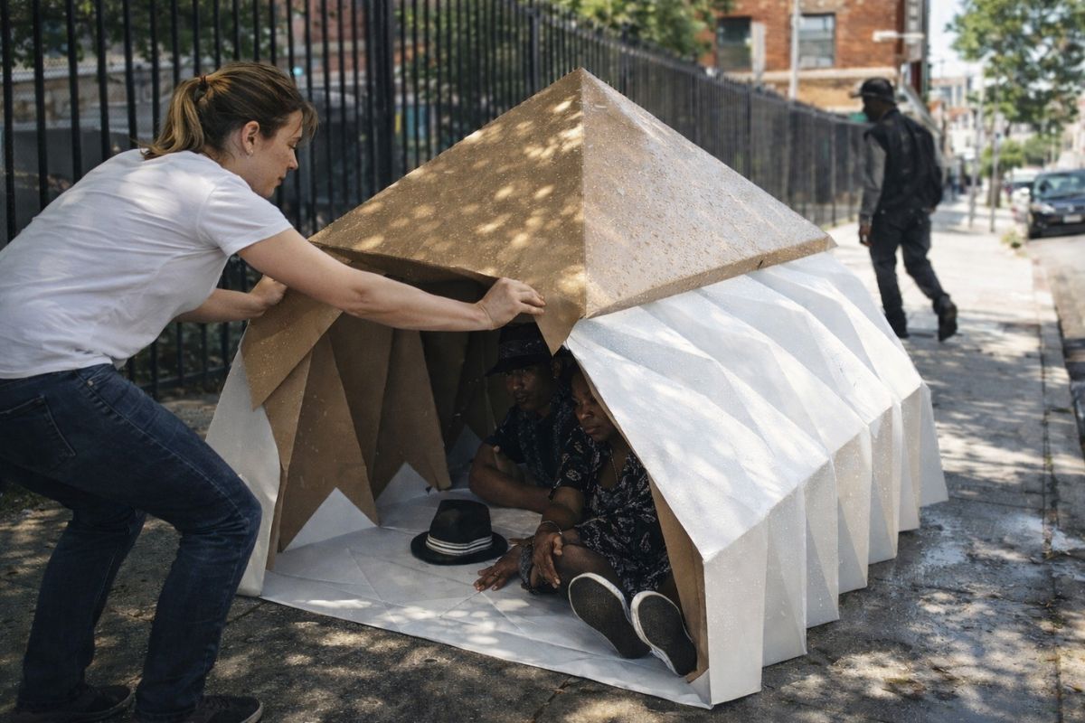 abrigo dobrável Cardborigami para pessoa em situação de rua com acabamento resistente à água e tratamento retardante de fogo, ainda em protótipo