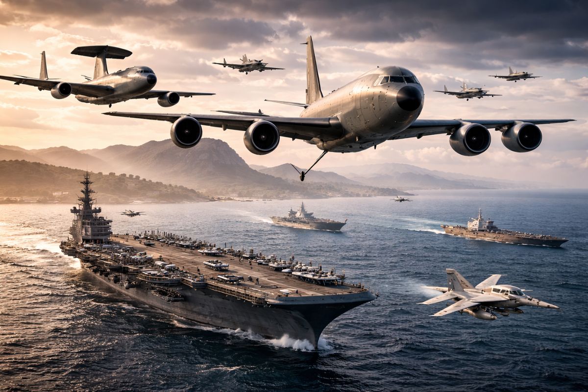 Oriente Médio concentra reabastecedores e alerta antecipado enquanto um porta-aviões se aproxima de Gibraltar, e a combinação levanta hipóteses sobre escala e duração de uma possível ação contra o Irã, com foco em logística, coordenação e sinais no céu.