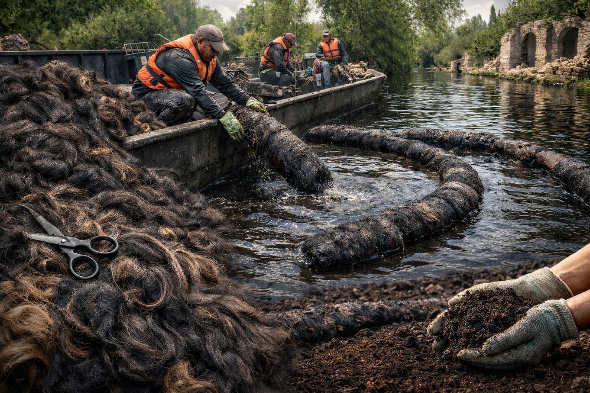 Em Xochimilco, toneladas de cabelo limpam canais com água contaminada e depois reforçam o solo agrícola, unindo recuperação ambiental e cultivo local.