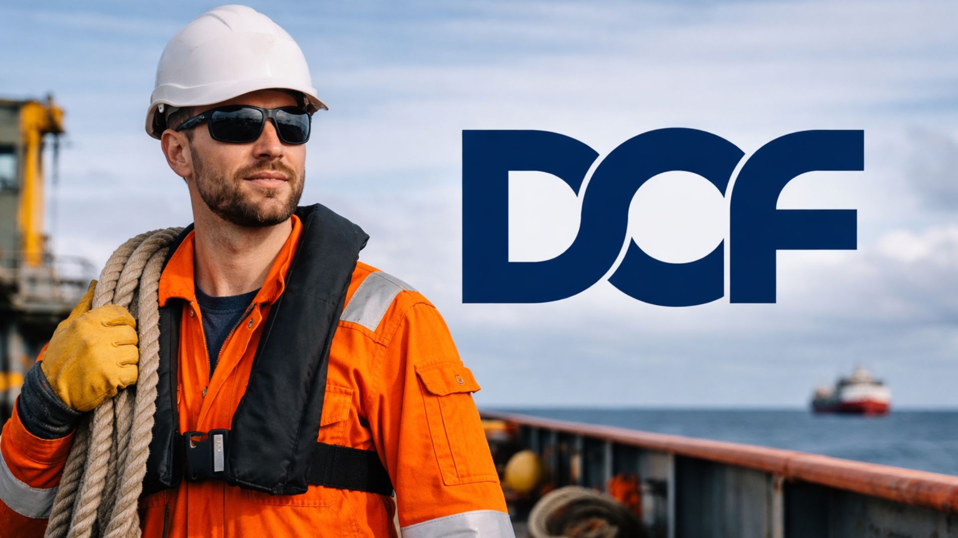 Marinheiro de convés em embarcação offshore usando uniforme laranja e equipamentos de segurança, com logotipo da DOF ao lado e navio ao fundo no mar.
