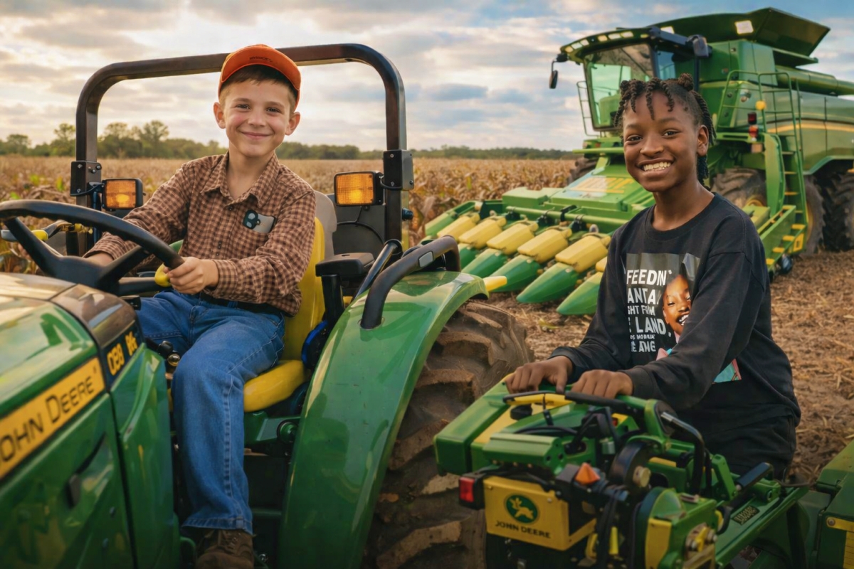 Dois Jovens de 10 anos, usam máquinas e trator John Deere, movimentam acres de terra de produção agrícola de milho, com registro oficial no USDA EUA e viram símbolo de uma agricultura no campo e na cidade que não espera a idade chegar