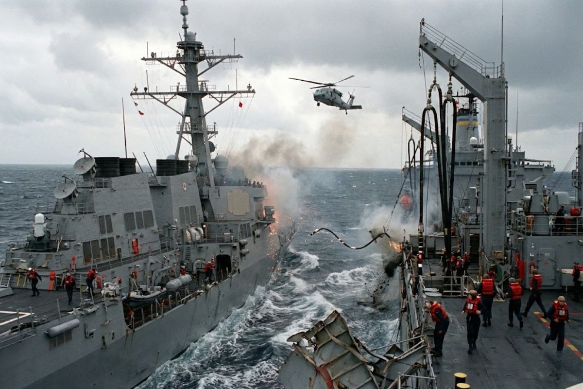 Entenda como navios da Marinha dos Estados Unidos sofreram colisão durante reabastecimento no Comando Sul, envolvendo o USNS Supply, e por que o local não divulgado muda a leitura do caso.