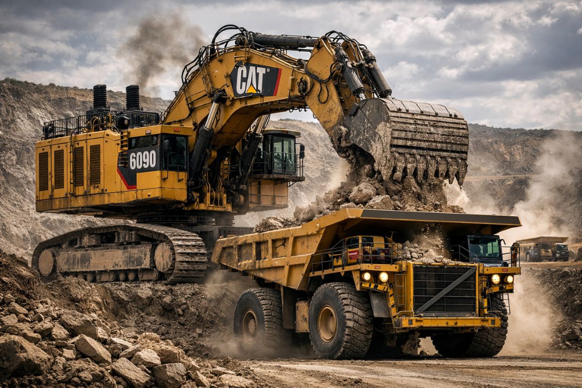 Caterpillar 6090 FS na mineração pesada: pá hidráulica que carrega caminhão fora de estrada e define produtividade por tonelada em grandes minas.