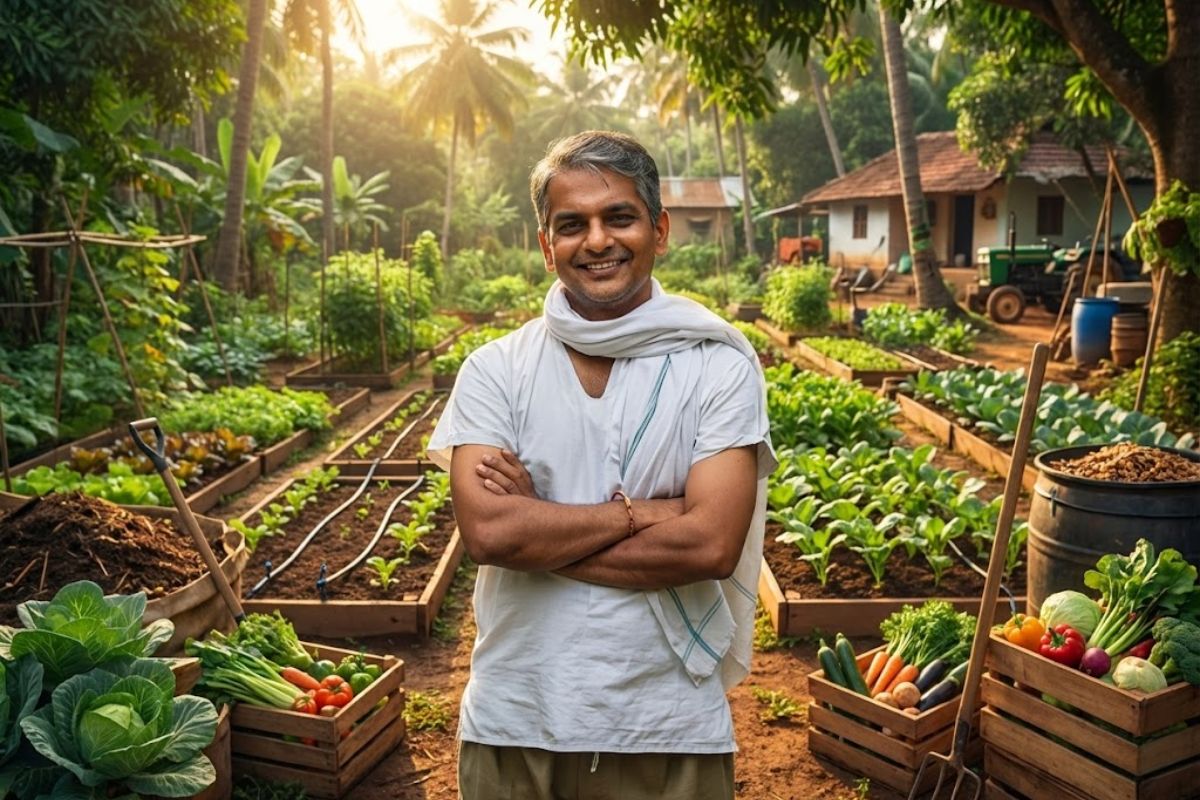 agricultor em Mysore detalha ZBNF e agricultura natural; o solo esponjoso vira sinal de saúde da família e do terreno.