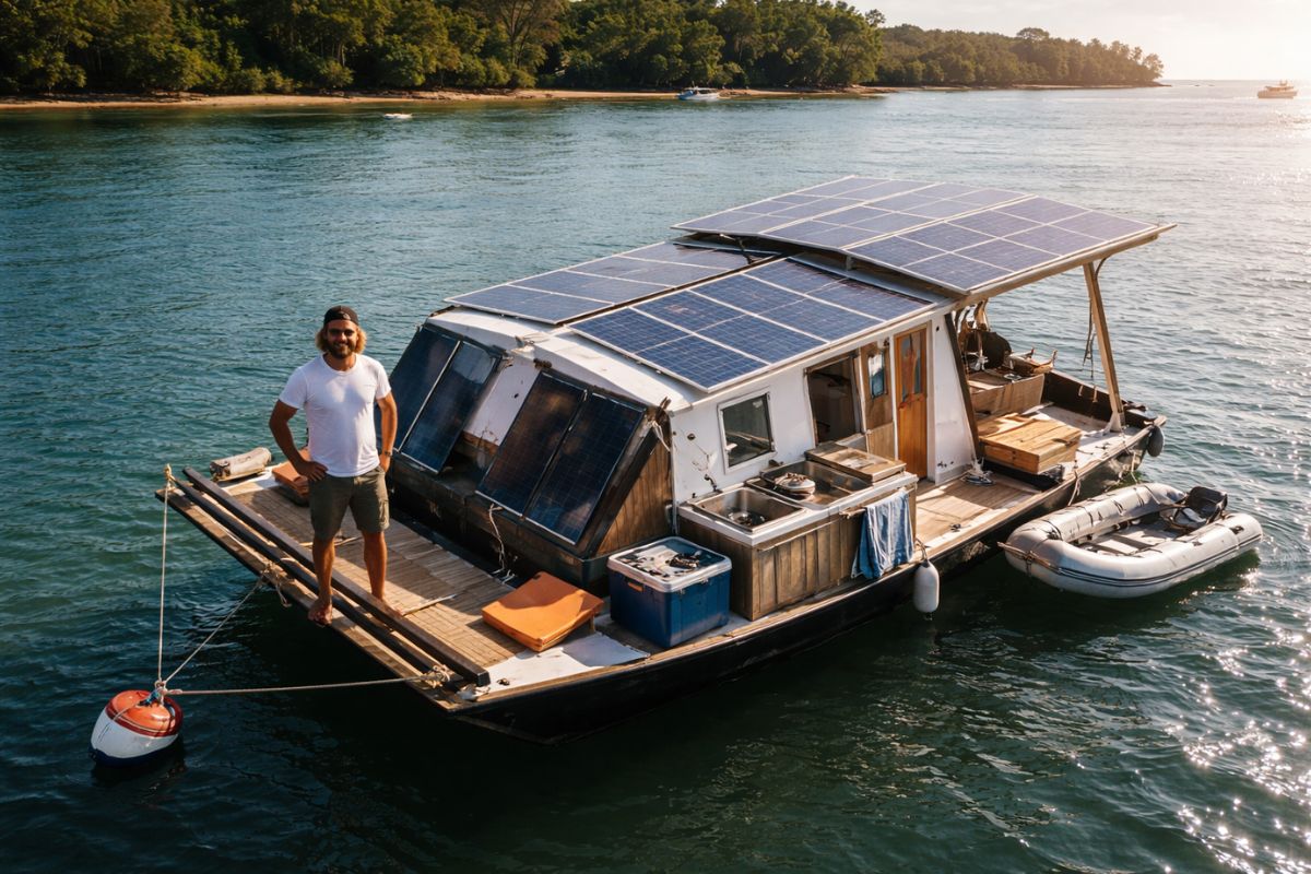 catamarã com energia solar e painéis solares, motor elétrico e baterias de lítio: como Simon cozinha, faz água potável e navega sem diesel.