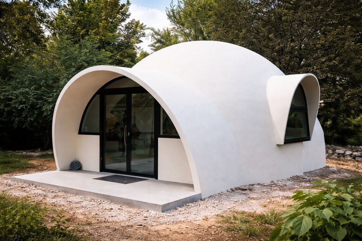 casa de luxo em forma de cúpula expõe como fundação, arco, blocos de concreto e argamassa fecham o volume em poucos dias, mudando luz, acústica e percepção de espaço.
