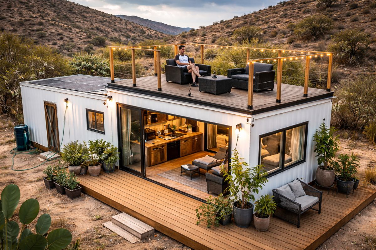 casa DIY de baixo custo com contêineres marítimos de aço Corten, janelas e portas bem planejadas e terraço na cobertura, unindo elétrica e hidráulica completas e cozinha montada do zero.