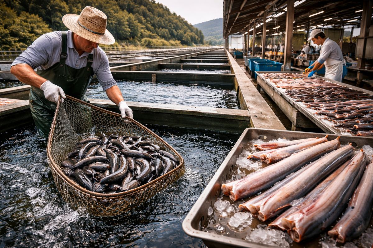 Entenda o processo que leva a enguia do gelo ao carvão, com molho aplicado em ciclos, inspeção e esterilização, e por que essa padronização transformou uma prática tradicional em linha industrial.