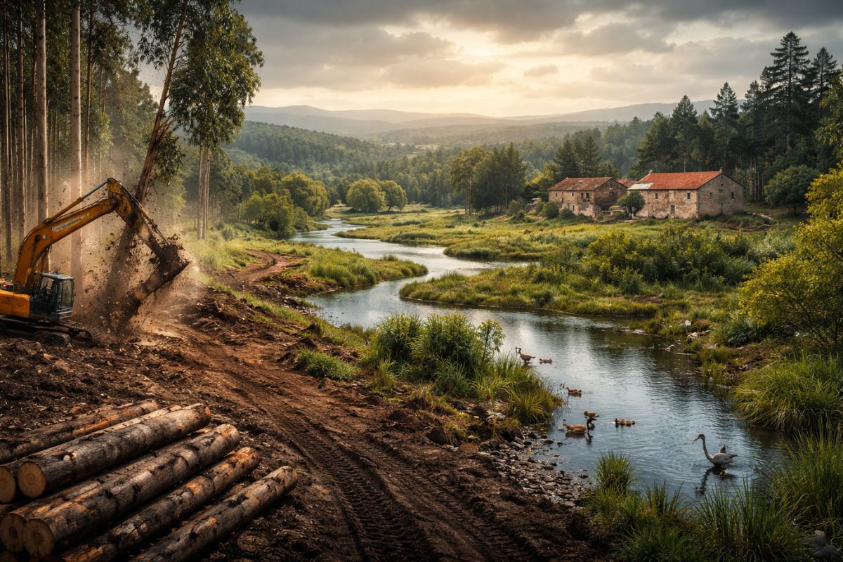 florestas, estradas, rancho, pântano salgado e vale do Mira guiam a renaturalização de uma fazenda portuguesa e redesenham água, solo e fauna.
