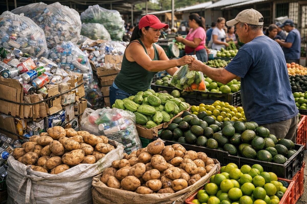 reciclagem no Mercado Verde une economia circular, centro de coleta e compostagem para trocar resíduos por alimentos em Coto Bruce, Costa Rica.