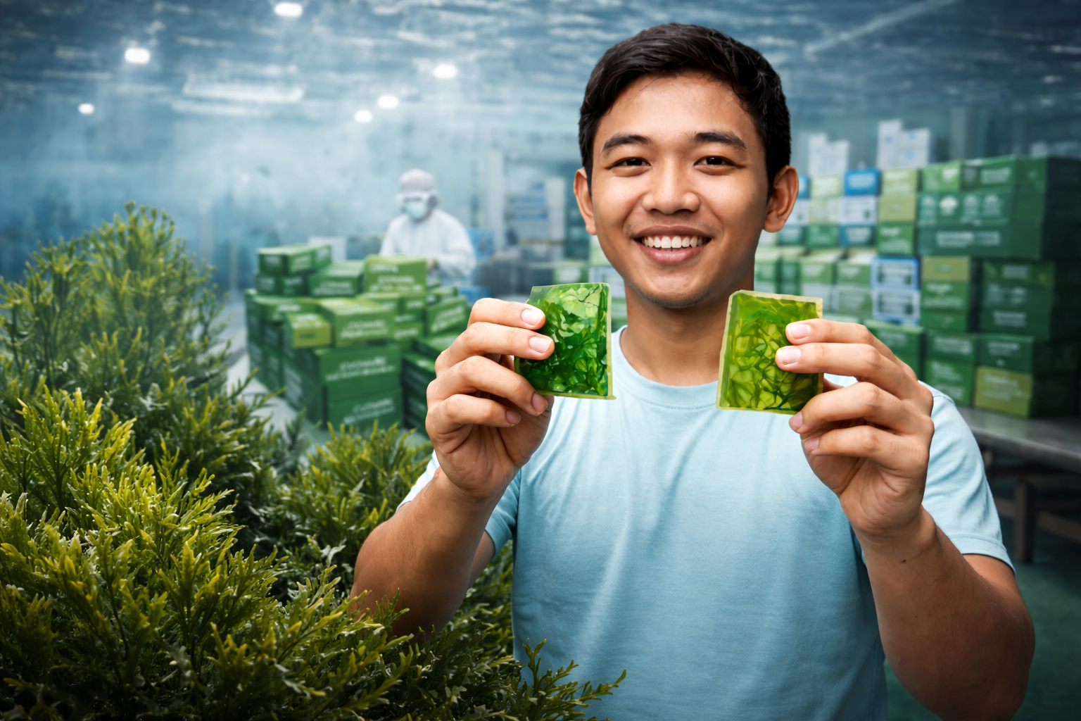 Empreendedor de 23 anos da Indonésia transforma algas marinhas em embalagens comestíveis que se dissolvem em água quente, funda a Evoware em Jacarta, produz 2.000 sachês por dia, substitui o plástico descartável e paga agricultores 178% acima dos atravessadores