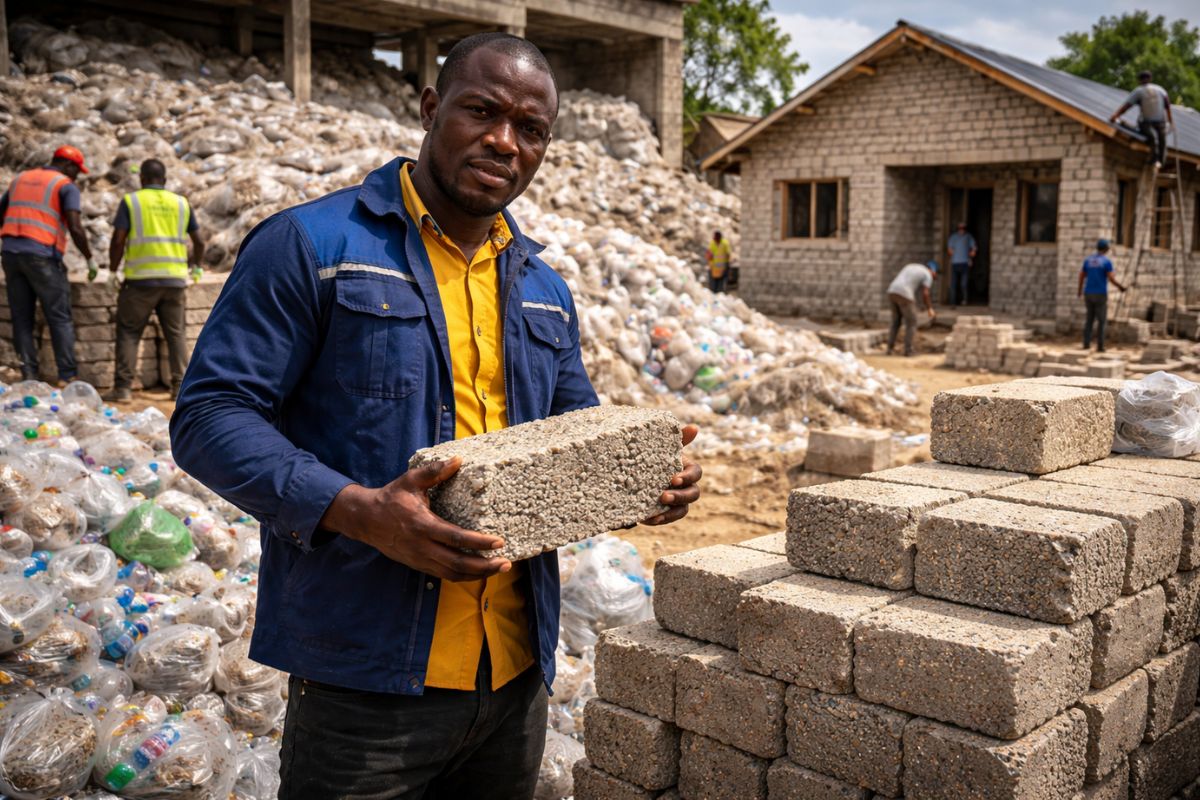 Em Accra, plástico reciclado vira tijolos de plástico e sustenta habitação acessível; recolha de lixo reduz bairros de lata.