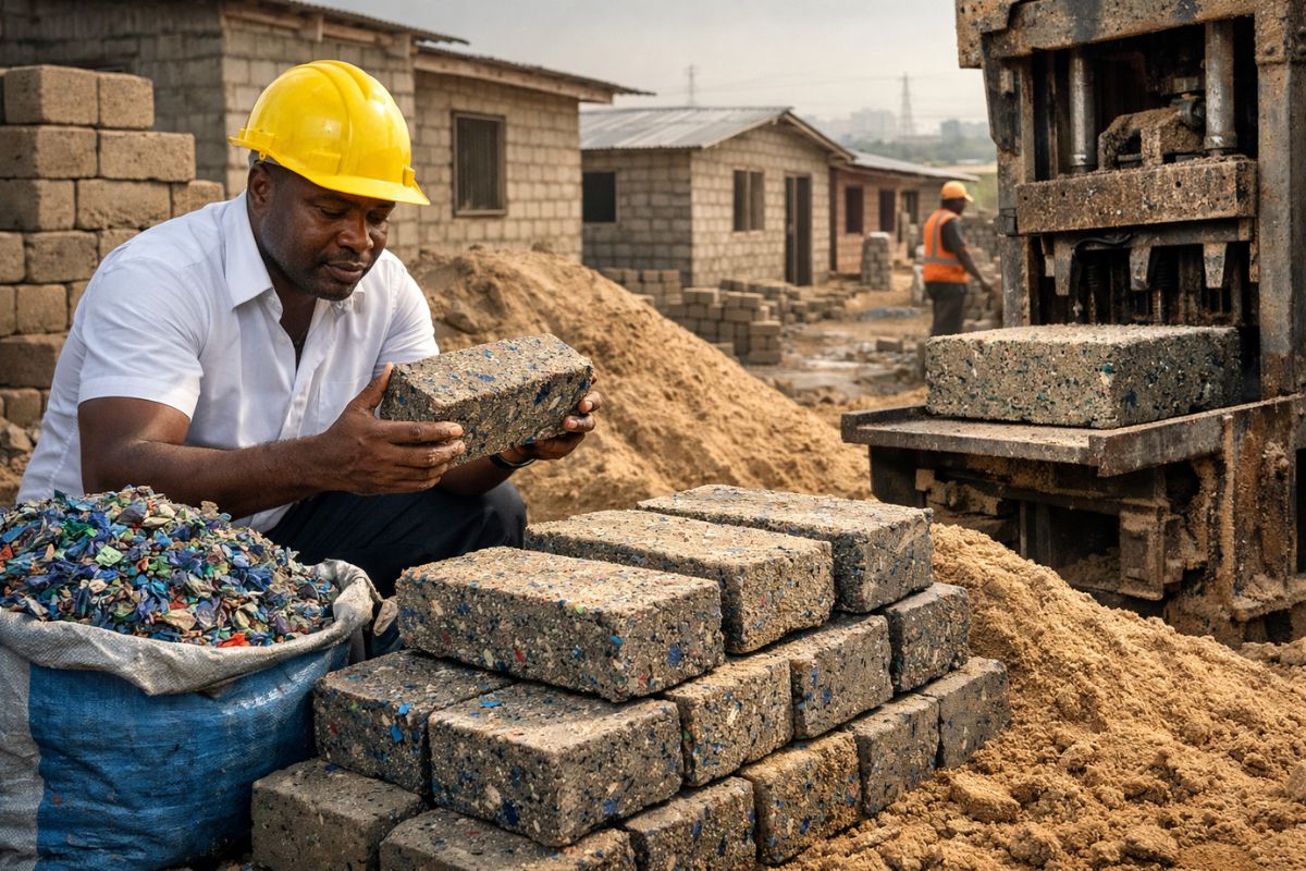 plástico reciclado em Gana vira blocos para reduzir déficit habitacional, reaproveitando resíduo urbano e explicando custos, limites e escala.