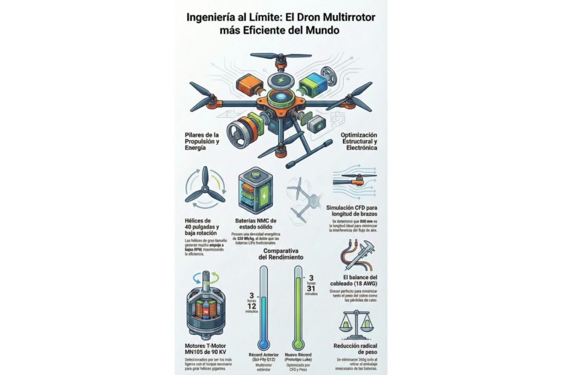 drone multirrotor rompe récord de autonomía con hélices de 40 pulgadas y baterías NMC, mostrando hasta dónde puede llegar un dron en eficiencia.