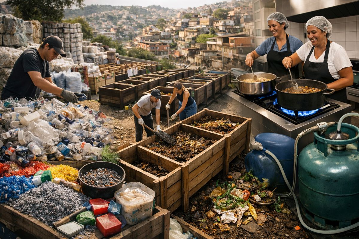 lixo com segregação na fonte: composteira, plástico flexível e biogás mostram como bairros reduzem aterro com gestão local.