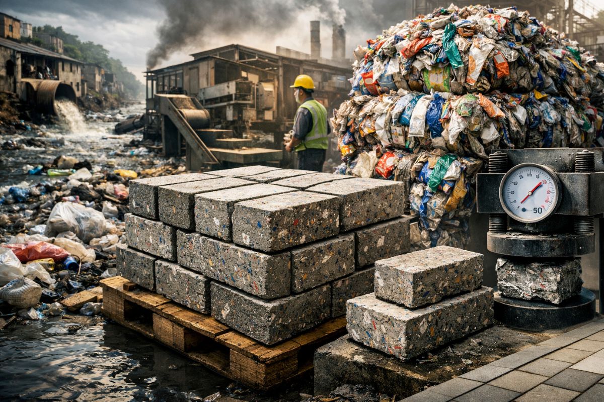 tijolos da Rebricks em Jacarta usam plástico multicamadas e resíduos plásticos para pavimentação resistente, reduzindo lixo em rios e praias.