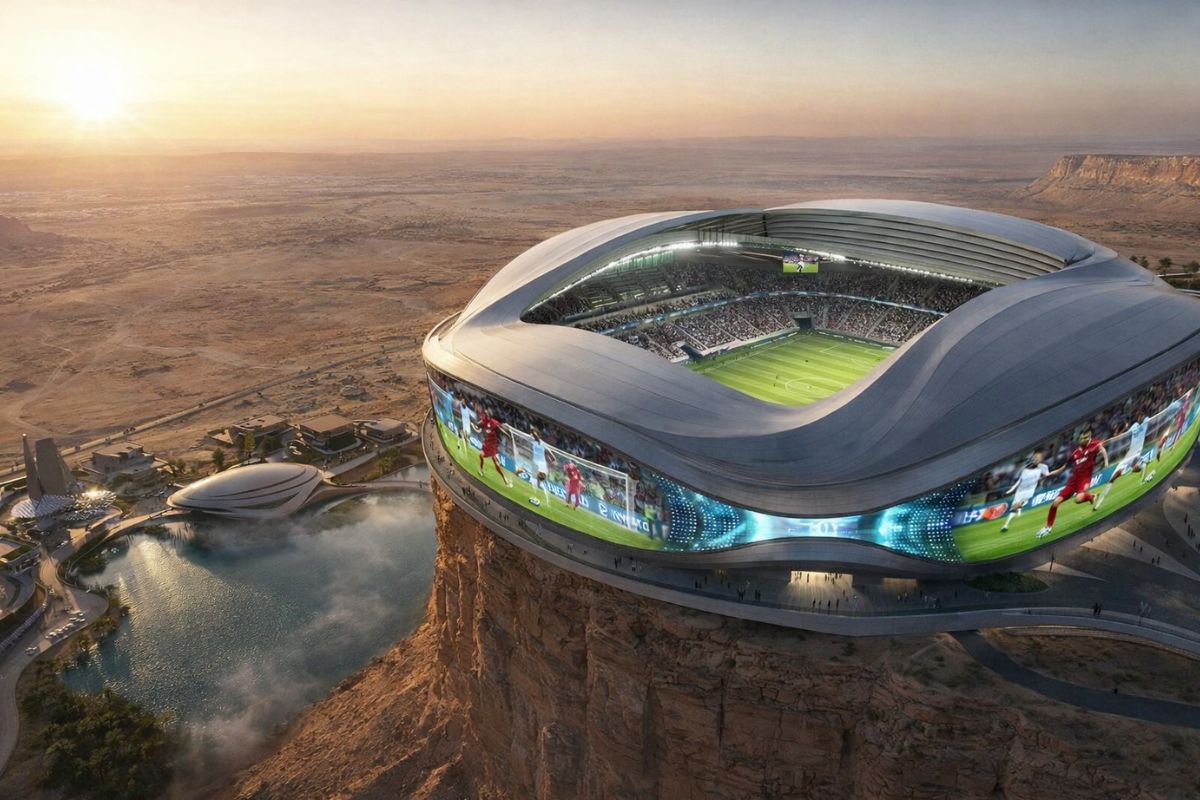 Estádio em Qiddiya no deserto terá gramado retrátil e LED imersivo para Copa 2034