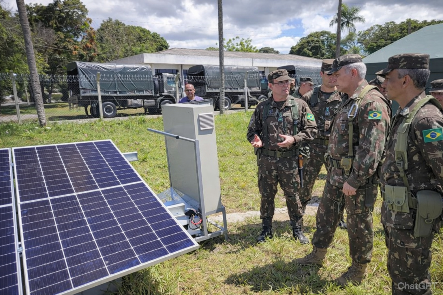 Militares brasileiros observam painéis solares em área externa com céu parcialmente nublado e caminhões ao fundo.