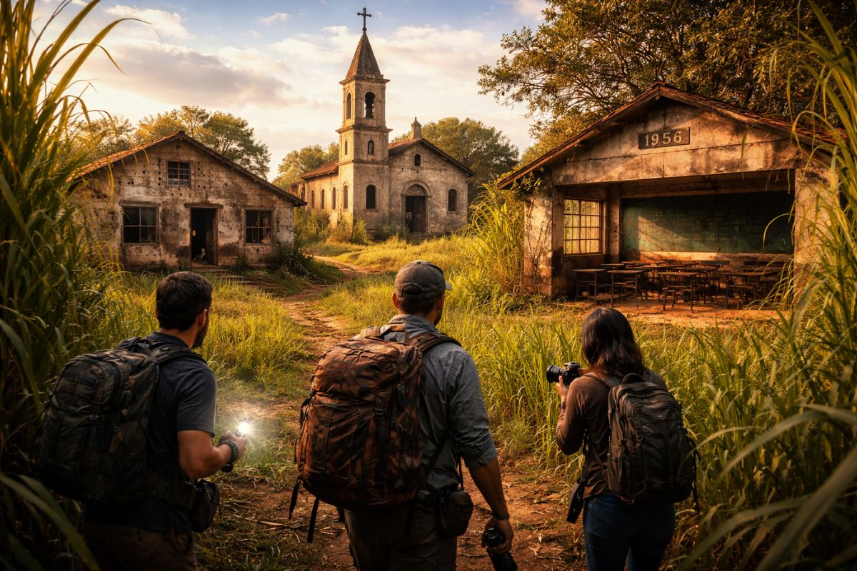 Exploradores entram em vila abandonada com casa suspeita, igreja intacta e escola esquecida desde 1956, revelando marcas de tiros, recados antigos nas lousas e mistérios (2)