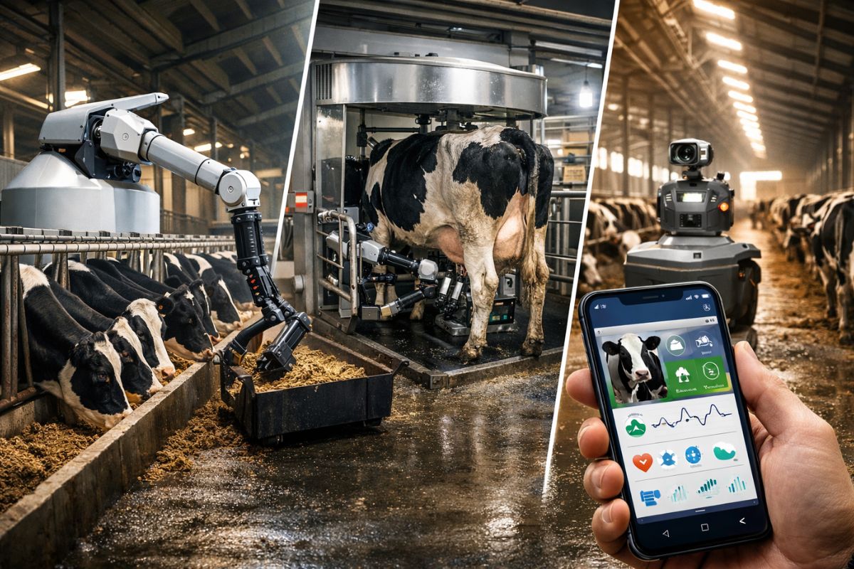 Fazenda usa robôs, sensores e inteligência artificial pelo celular para gerir rebanho automatizado e reduzir trabalho diário no campo.