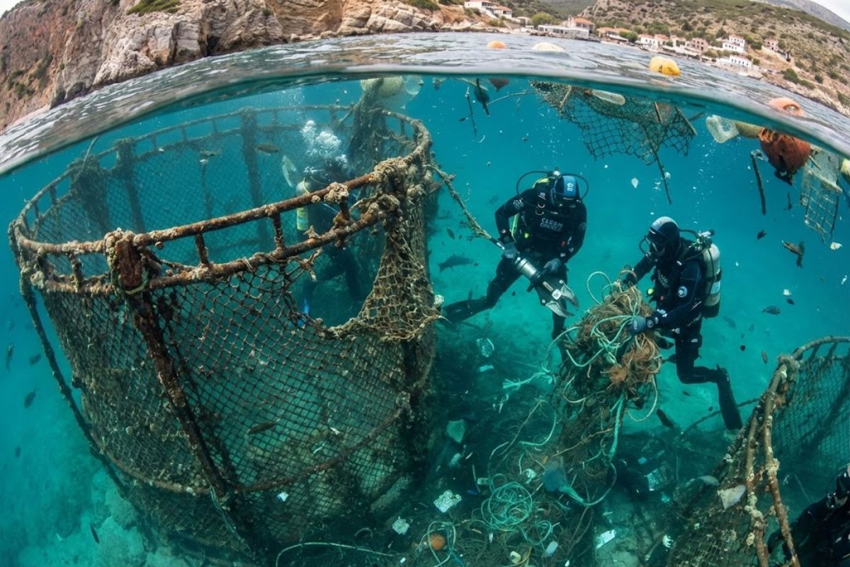 fazendas de peixes e fazendas fantasmas na costa da Grécia liberam poliestireno e microplásticos; entenda impactos e limpeza.