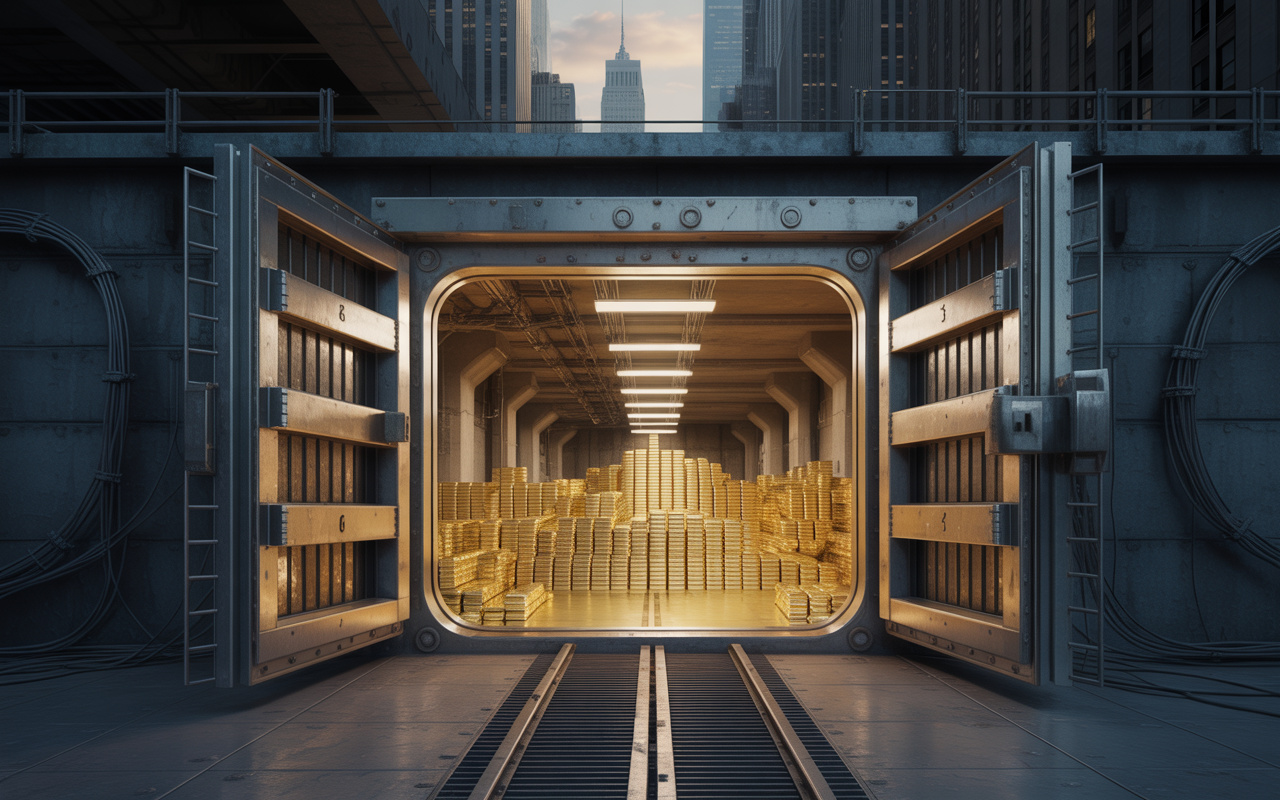 O cofre que guarda trilhões não parece um banco: começa em portas de aço sob Manhattan, passa por túneis subterrâneos e termina em mais de 6.000 toneladas de ouro empilhadas a 25 metros abaixo do nível da rua no coração financeiro dos Estados Unidos