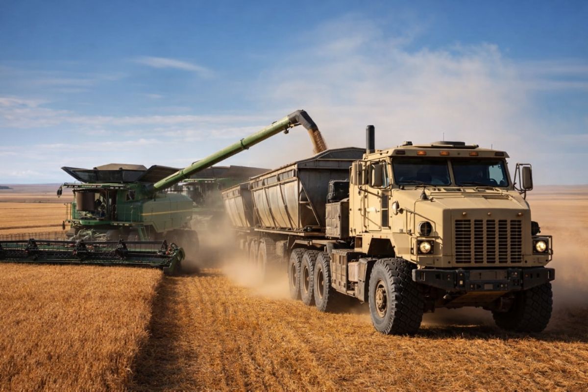 caminhão militar redefine a logística agrícola com transporte pesado de colheitadeira e silagem em fazendas de alta escala.